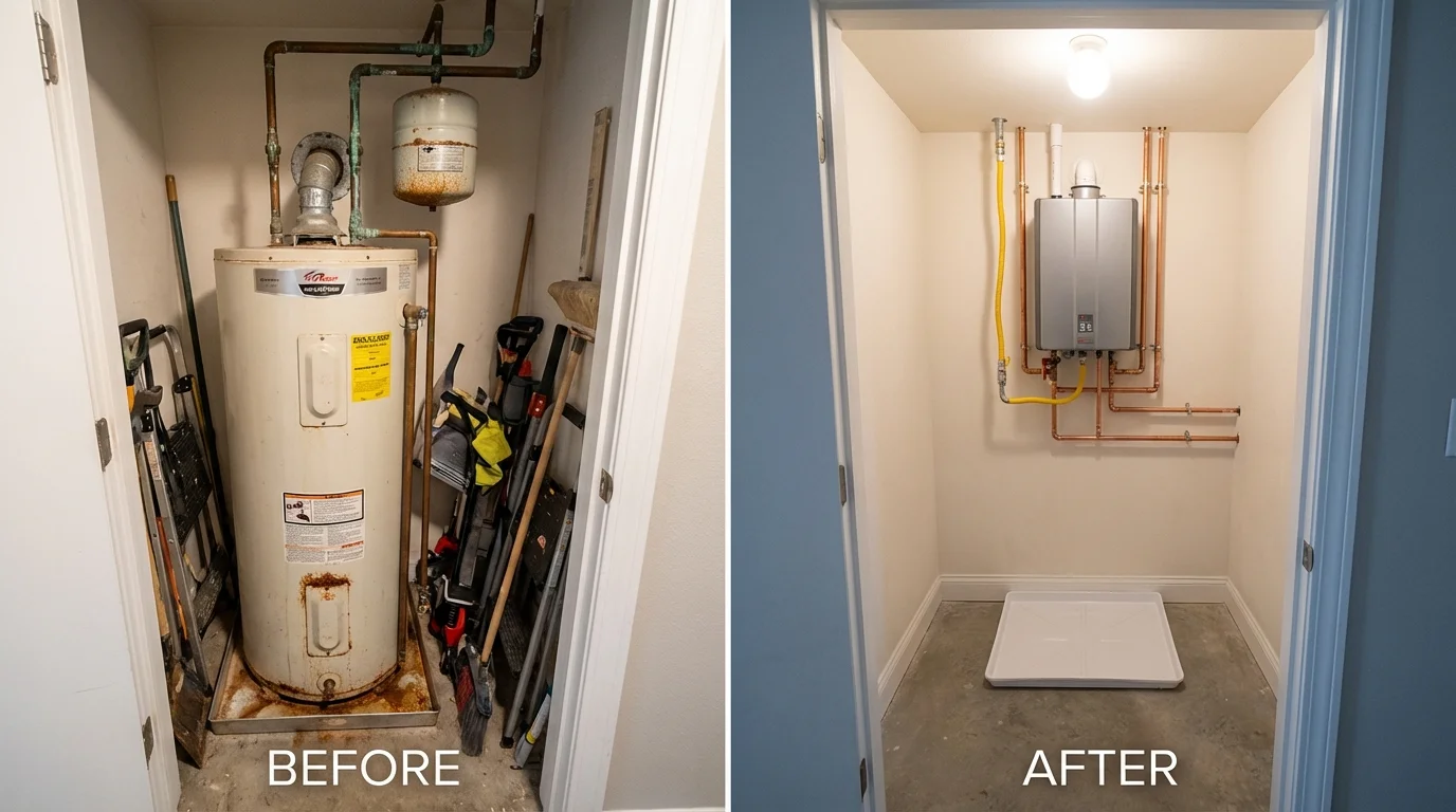 Tank water heater versus wall-mounted tankless unit comparison for Fullerton, NE homeowners