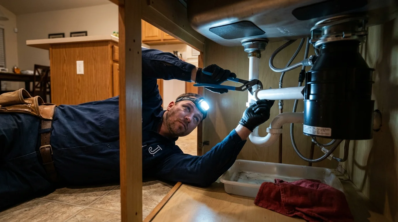 P-trap and supply line connections under a kitchen sink showing a common leak point in Fullerton, NE